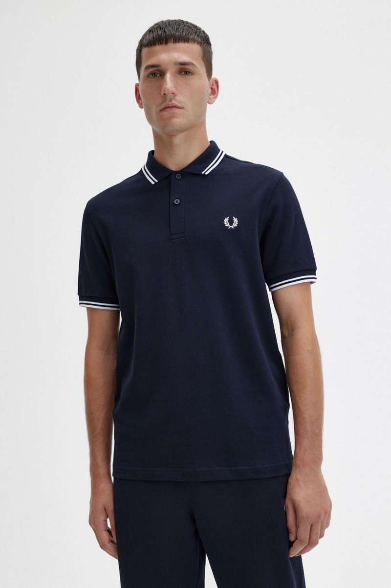 Navy / White / White Fred Perry M3600 Men's Polo Shirts | ZCANQ17226