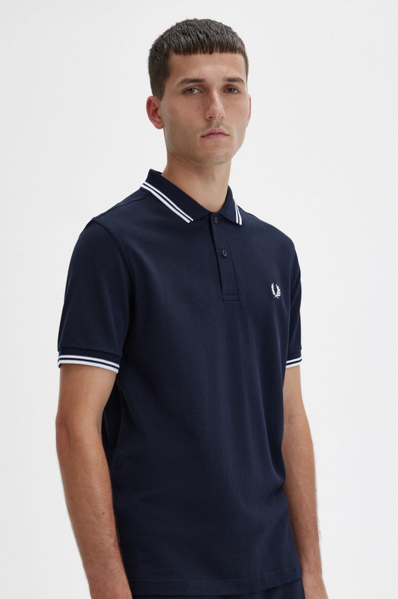 Navy / White / White Fred Perry M3600 Men's Polo Shirts | ZCANQ17226