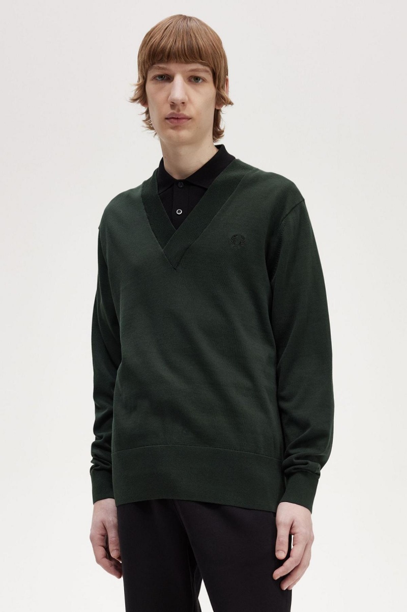 Night Green Fred Perry V-Neck Jumper Men's Knitwear | CANZX78063