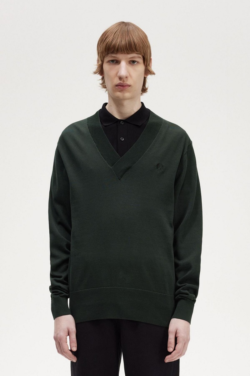 Night Green Fred Perry V-Neck Jumper Men\'s Knitwear | CANZX78063