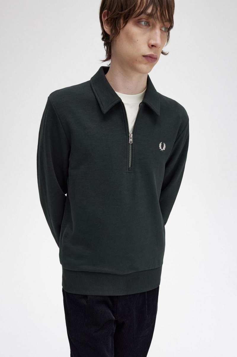 Night Green Fred Perry Zip Neck Collar Men's Sweatshirts | CAEAH86379