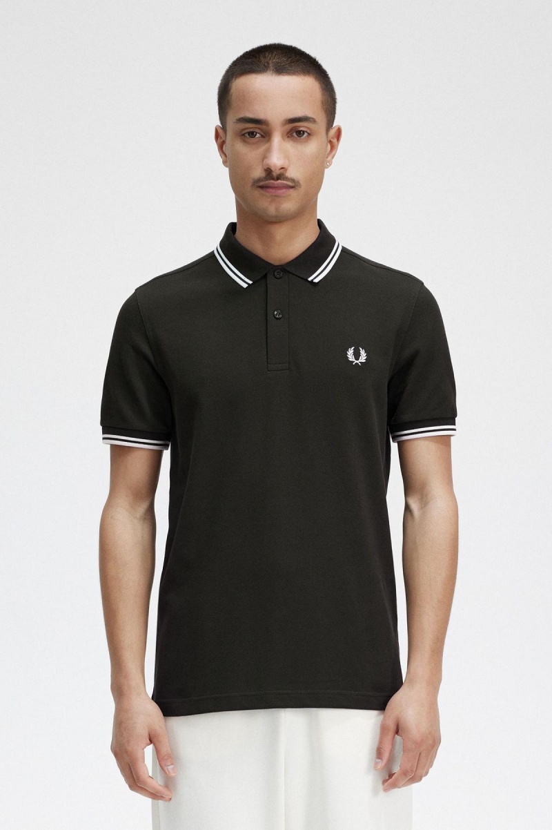 Night Green / Snow White / Snow White Fred Perry M3600 Men's Fred Perry Shirt | PCAQX59038