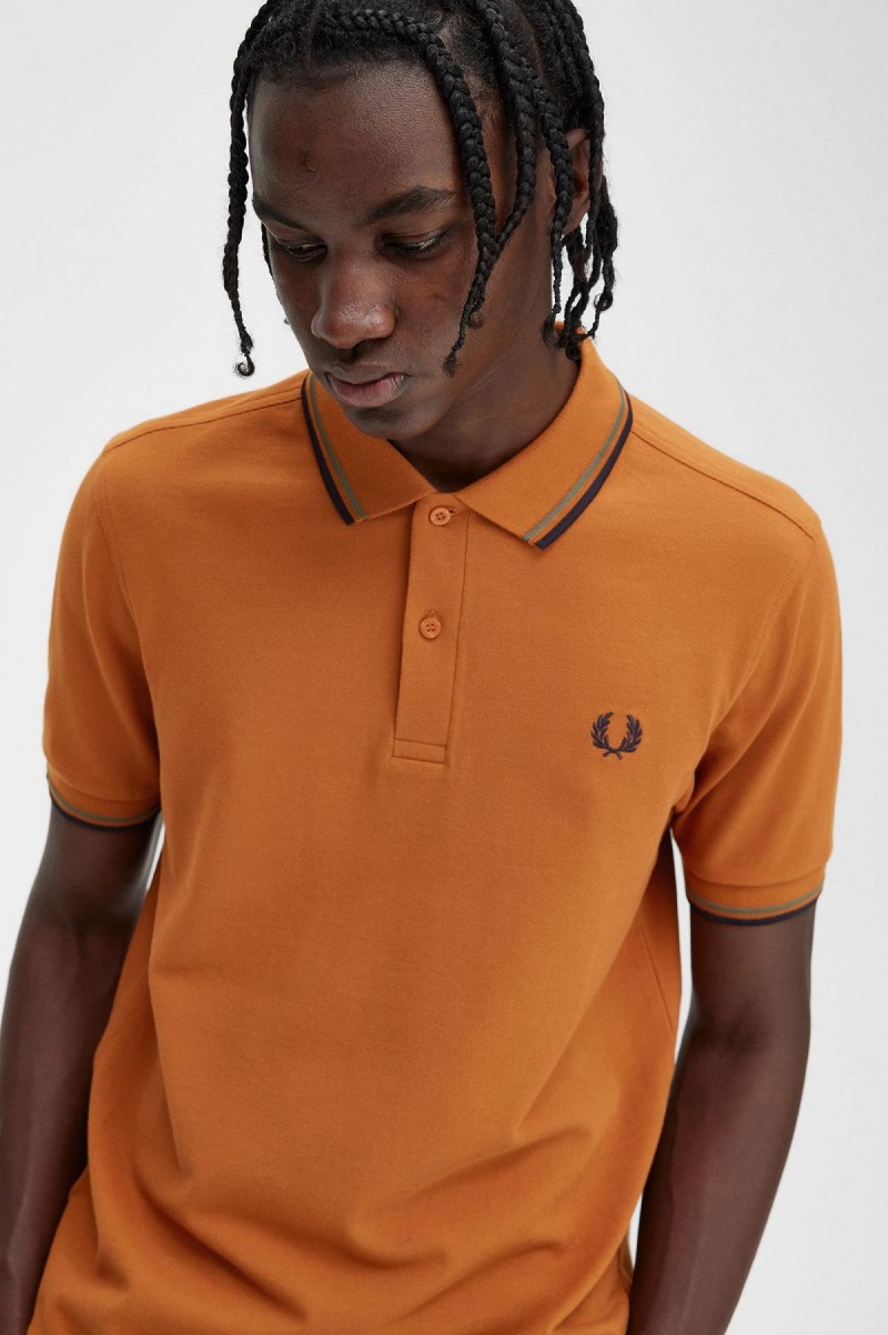 Nut Flake / Field Green / Navy Fred Perry M3600 Men's Polo Shirts | CAQAV94065