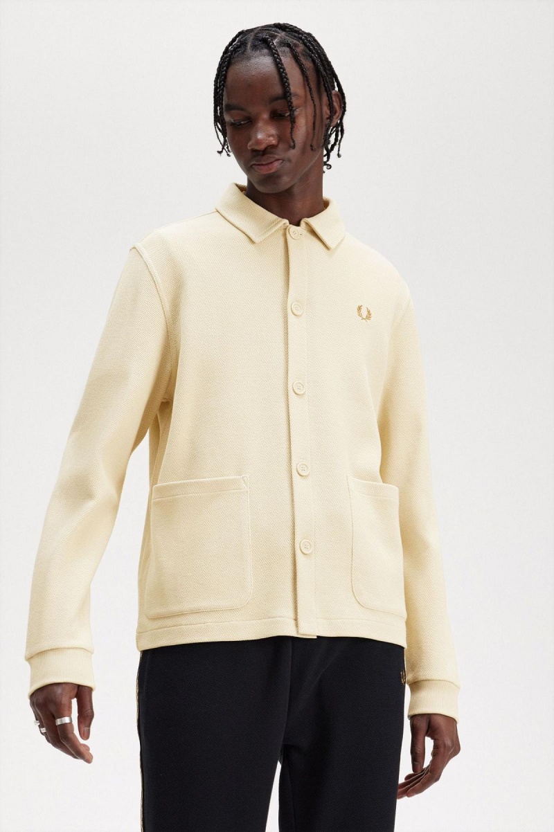 Oatmeal Fred Perry Button Through Long Sleeve Men's Shirts | ZCANQ66853