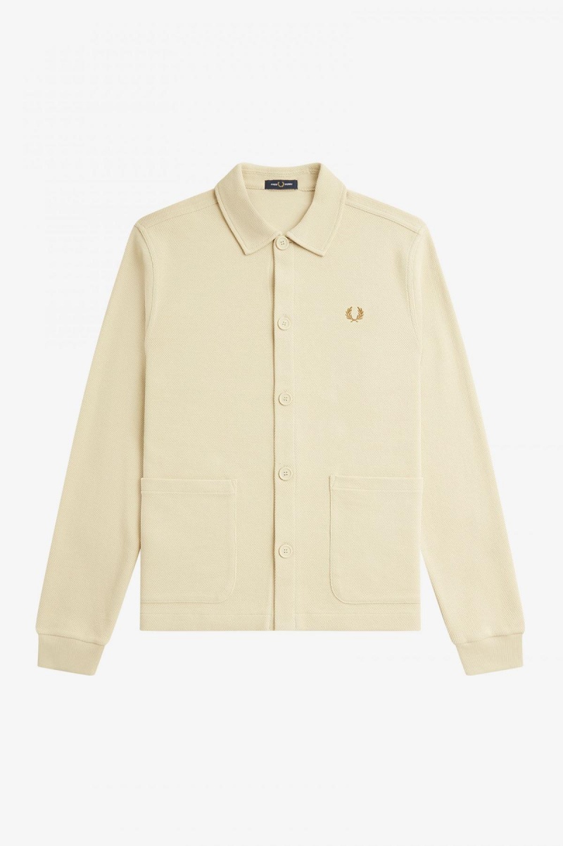 Oatmeal Fred Perry Button Through Long Sleeve Men's Shirts | ZCANQ66853