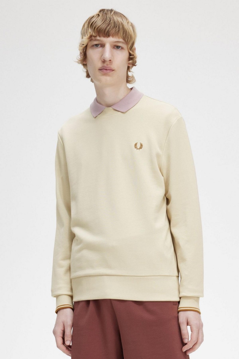 Oatmeal Fred Perry Crew Neck Men's Sweatshirts | ZCAMJ85233