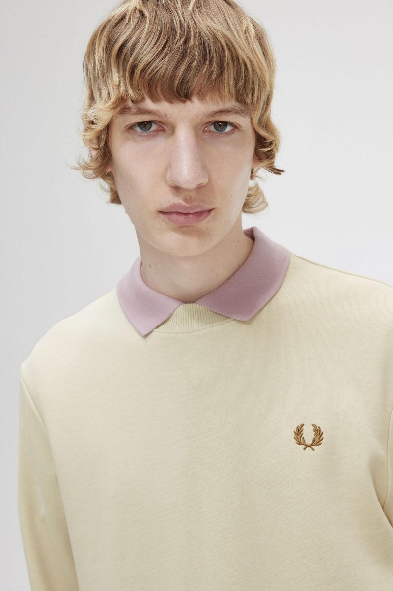 Oatmeal Fred Perry Crew Neck Men's Sweatshirts | ZCAMJ85233