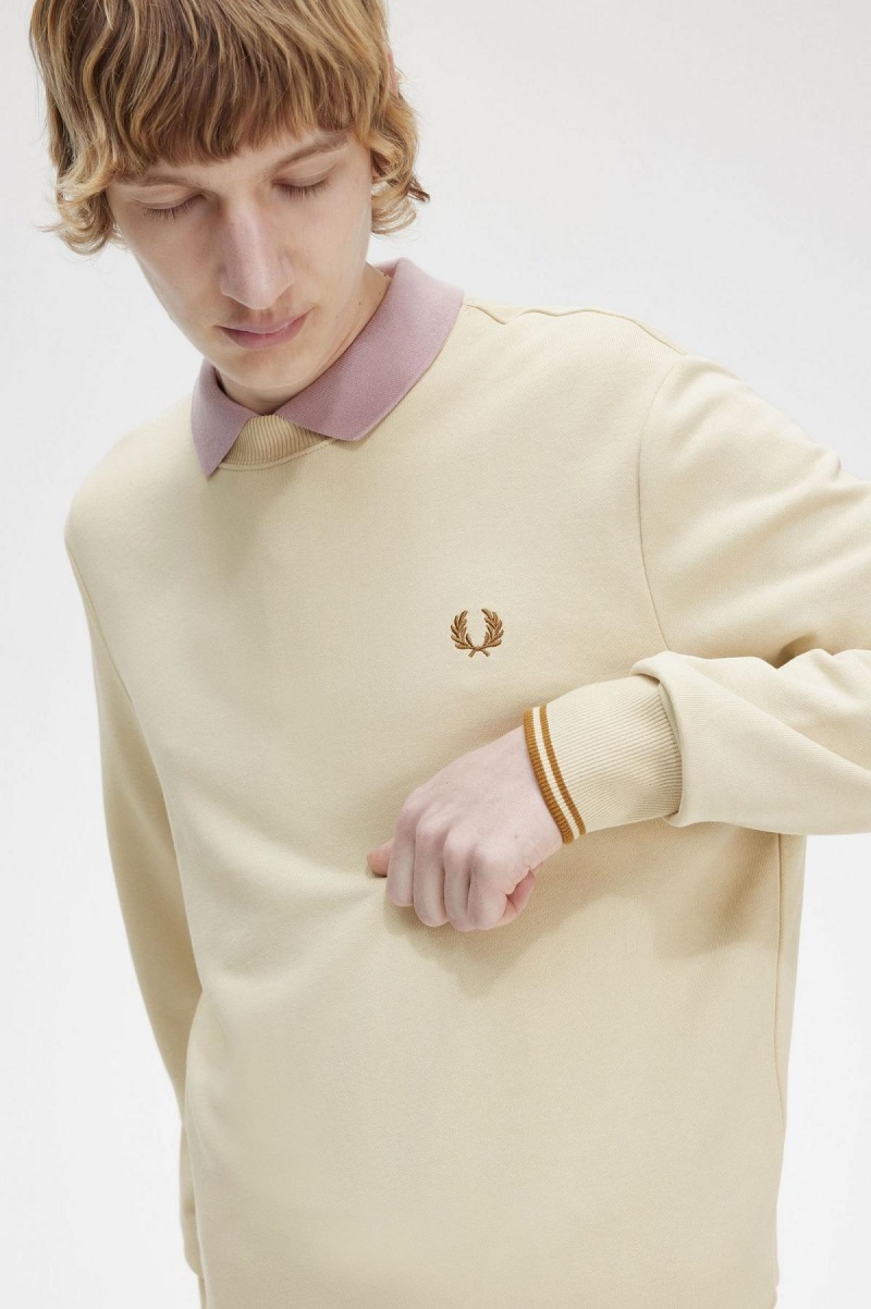 Oatmeal Fred Perry Crew Neck Men's Sweatshirts | ZCAMJ85233