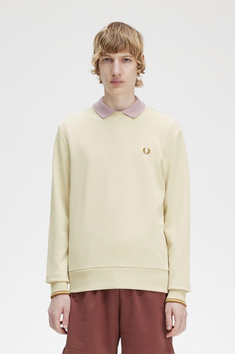 Oatmeal Fred Perry Crew Neck Men\'s Sweatshirts | ZCAMJ85233