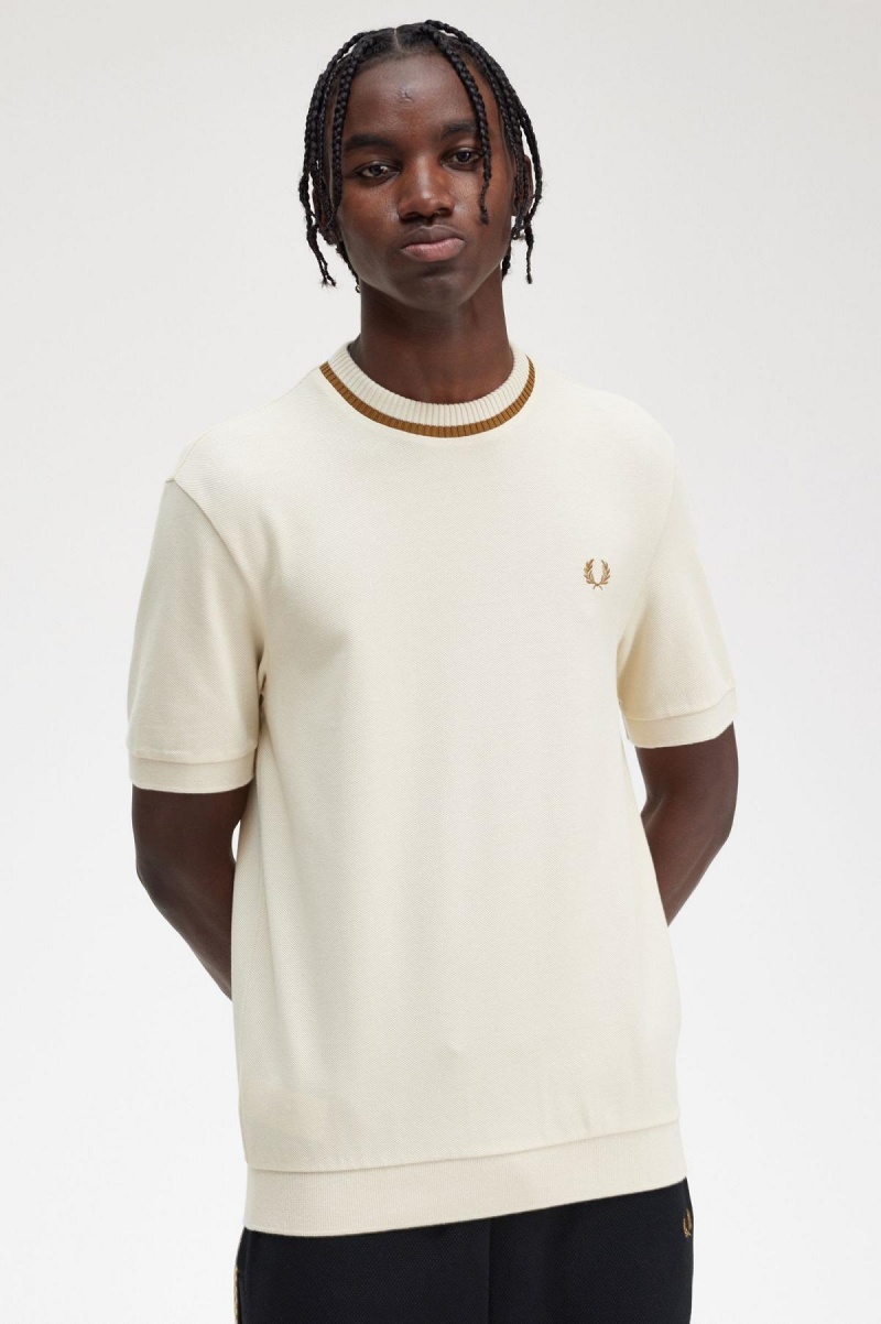 Oatmeal Fred Perry Crew Neck Piqué Men's T Shirts | CADYB45290