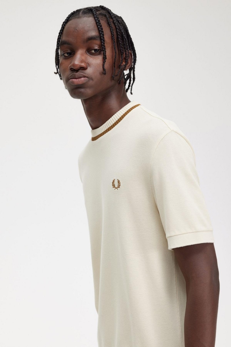 Oatmeal Fred Perry Crew Neck Piqué Men's T Shirts | CADYB45290