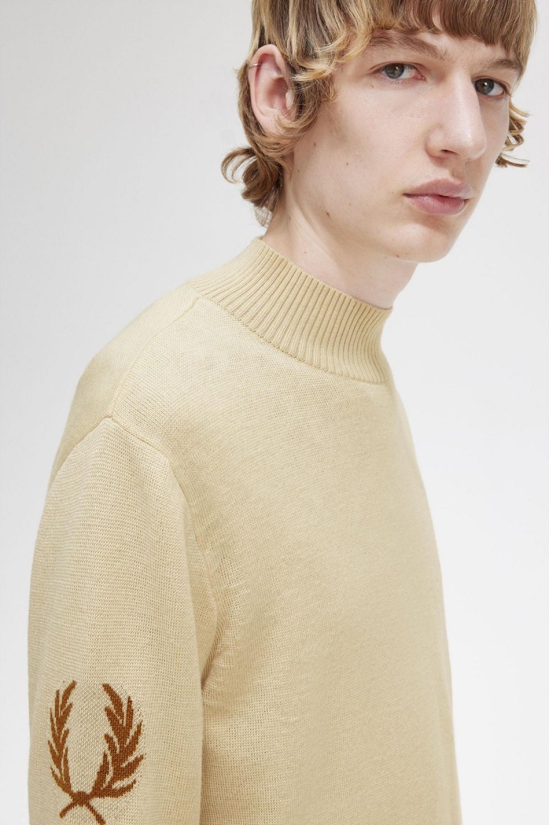 Oatmeal Fred Perry Laurel Wreath Mock Neck Jumper Men's Knitwear | LCASX48213