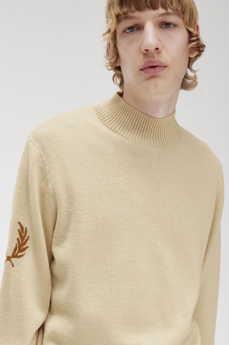 Oatmeal Fred Perry Laurel Wreath Mock Neck Jumper Men's Knitwear | LCASX48213