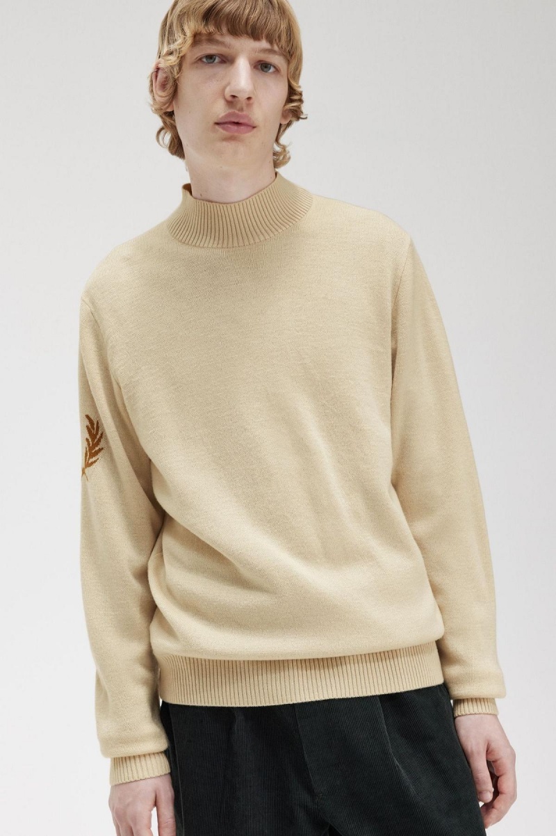 Oatmeal Fred Perry Laurel Wreath Mock Neck Jumper Men's Knitwear | LCASX48213