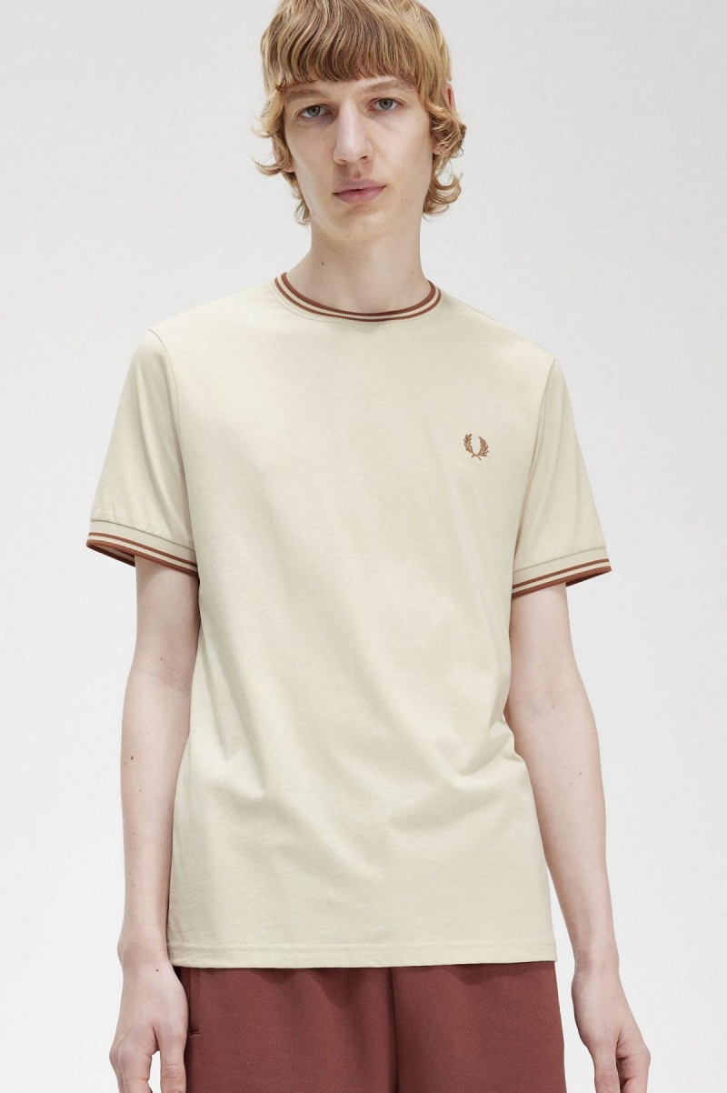 Oatmeal Fred Perry Twin Tipped Men's T Shirts | ACAWC57880