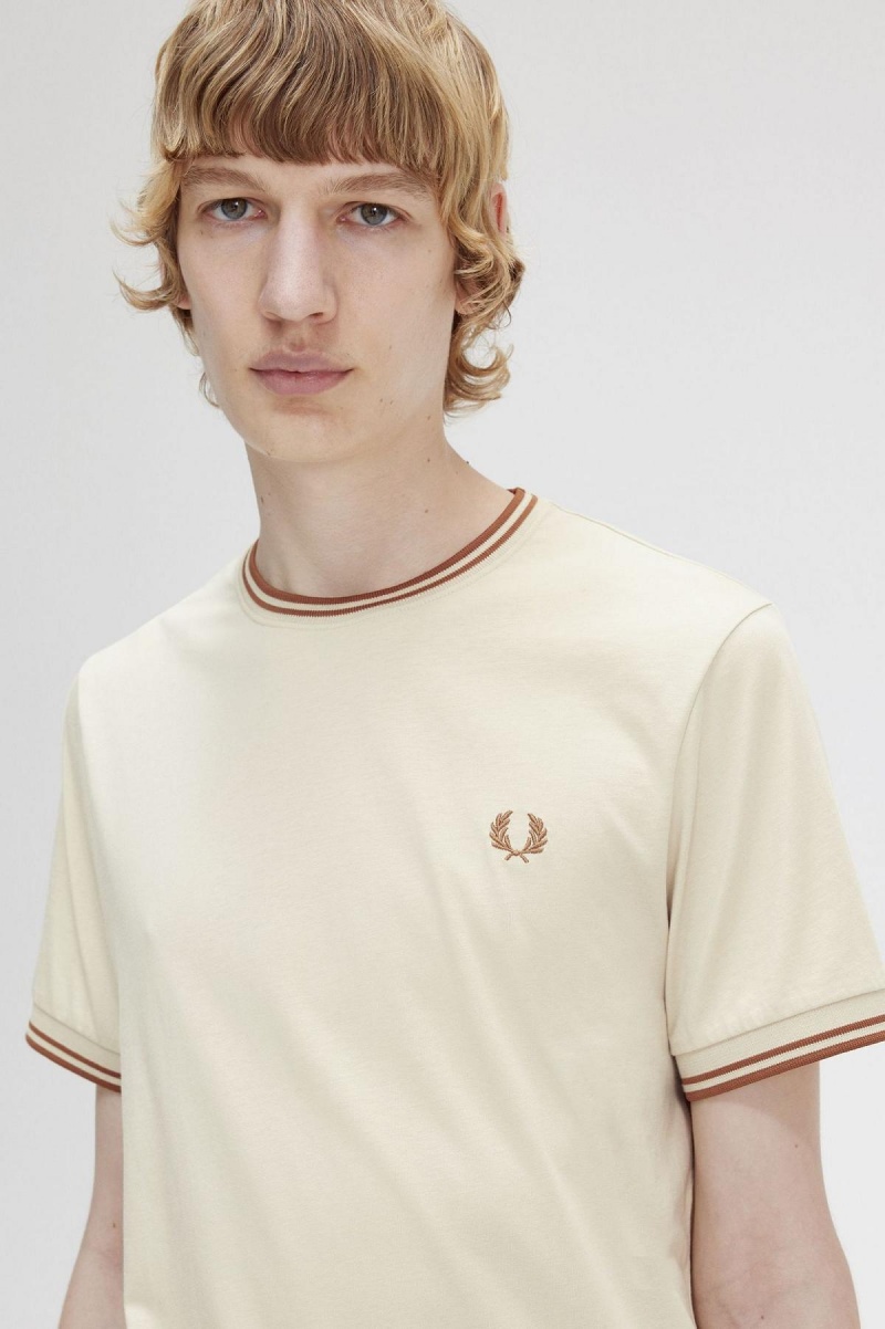 Oatmeal Fred Perry Twin Tipped Men's T Shirts | ACAWC57880