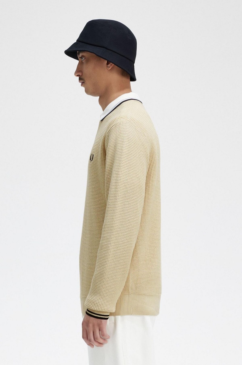 Oatmeal Fred Perry Waffle Stitch Jumper Men's Knitwear | TCAPQ60781