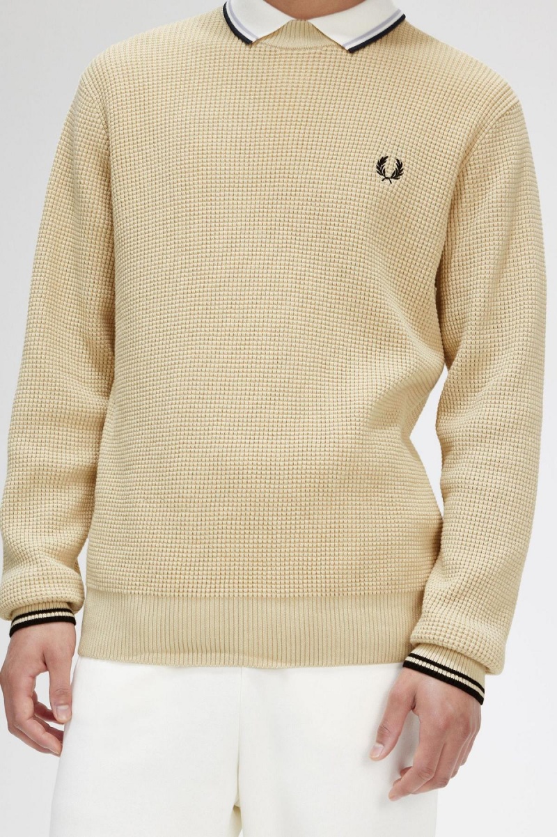 Oatmeal Fred Perry Waffle Stitch Jumper Men's Knitwear | TCAPQ60781