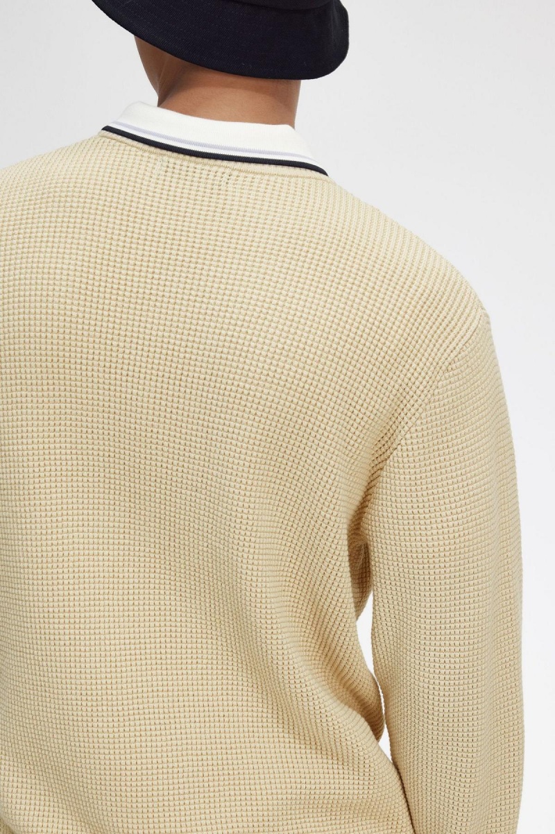 Oatmeal Fred Perry Waffle Stitch Jumper Men's Knitwear | TCAPQ60781