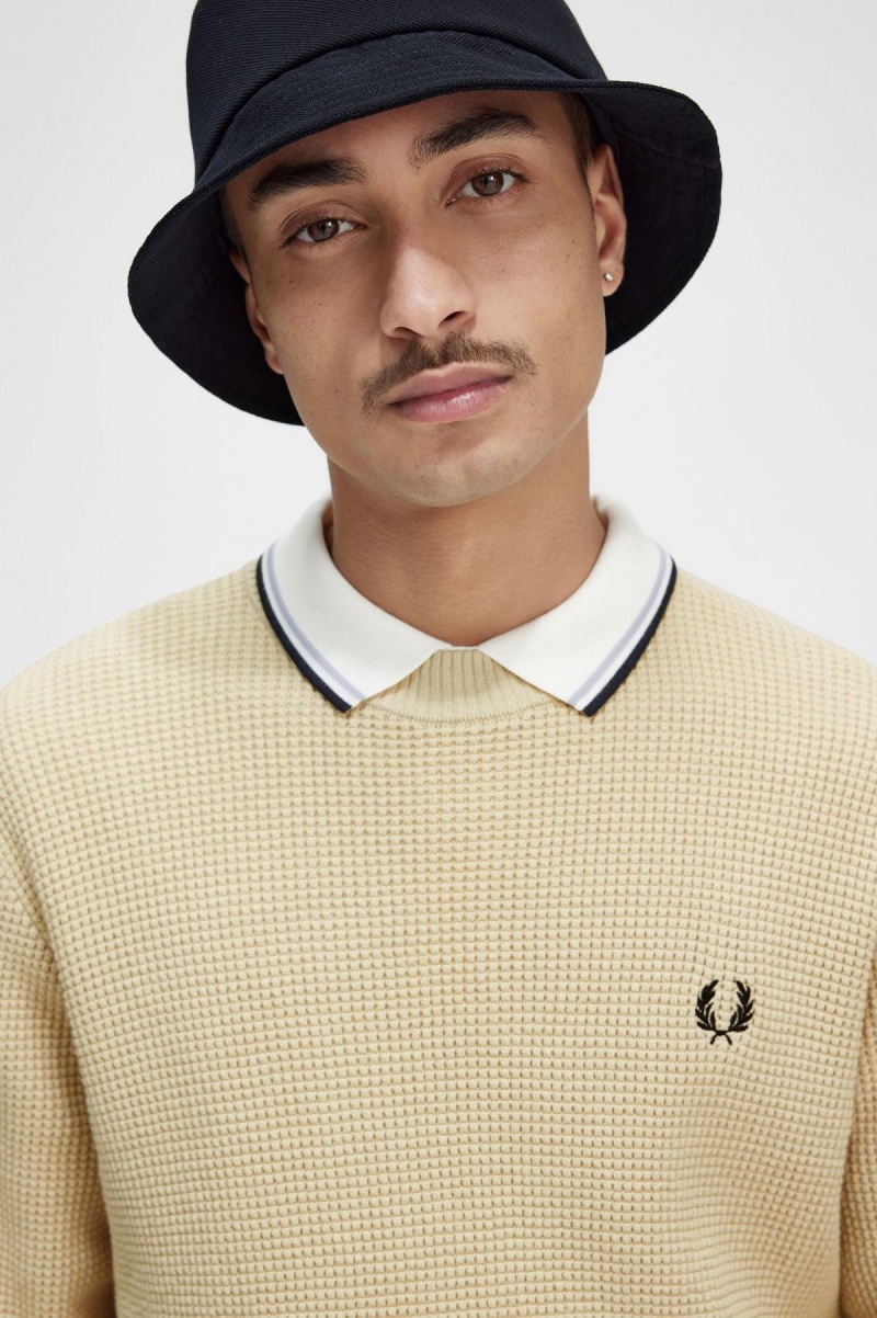 Oatmeal Fred Perry Waffle Stitch Jumper Men's Knitwear | TCAPQ60781