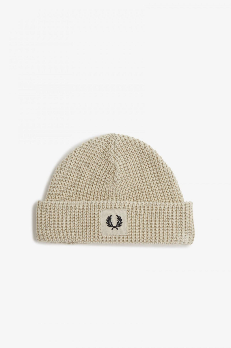 Oatmeal / Black Fred Perry Waffle Knit Accessories Beanie | CAZPD82861