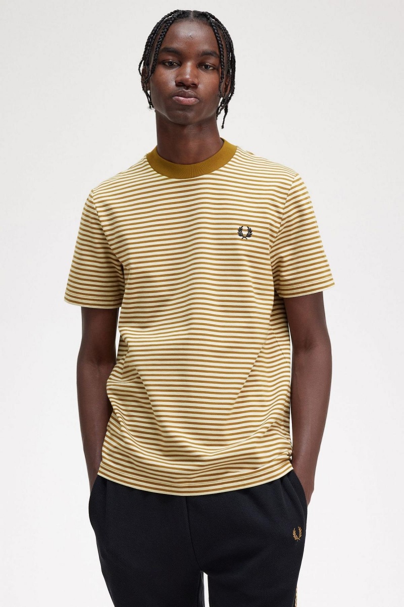 Oatmeal / Dark Caramel Fred Perry Fine Stripe Heavyweight Men's T Shirts | ACADF45526