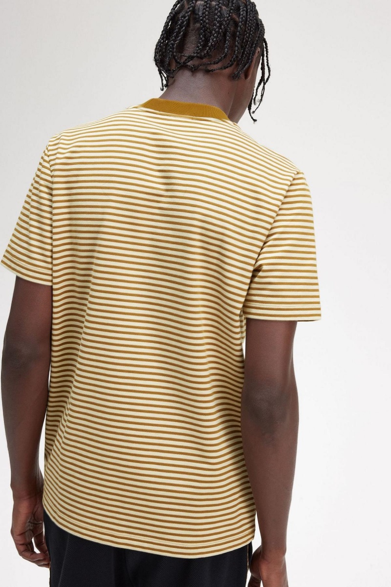 Oatmeal / Dark Caramel Fred Perry Fine Stripe Heavyweight Men's T Shirts | ACADF45526