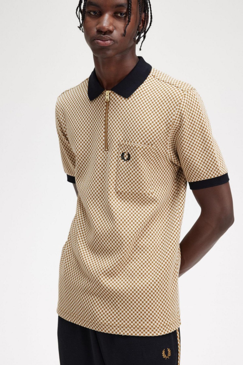 Oatmeal / Dark Caramel Fred Perry Micro Chequerboard Polo Shirt Men's Polo Shirts | MCAFT50148