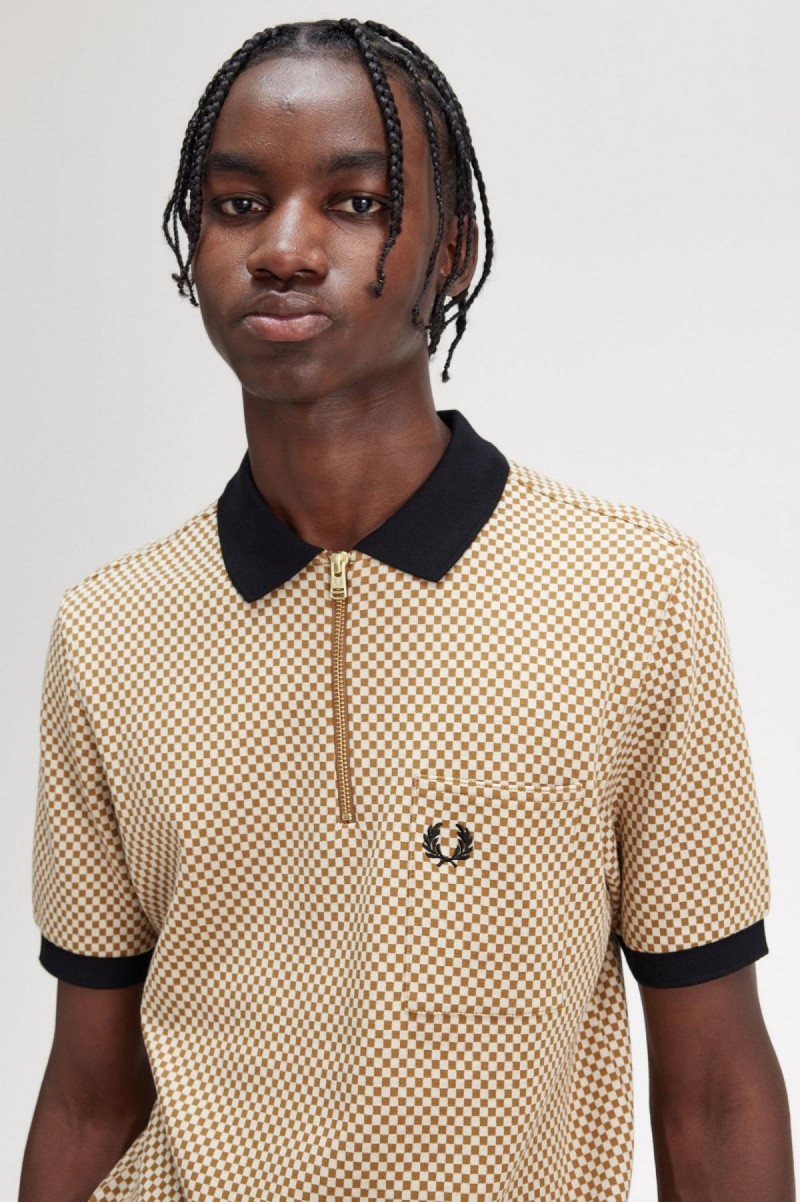 Oatmeal / Dark Caramel Fred Perry Micro Chequerboard Polo Shirt Men's Polo Shirts | MCAFT50148