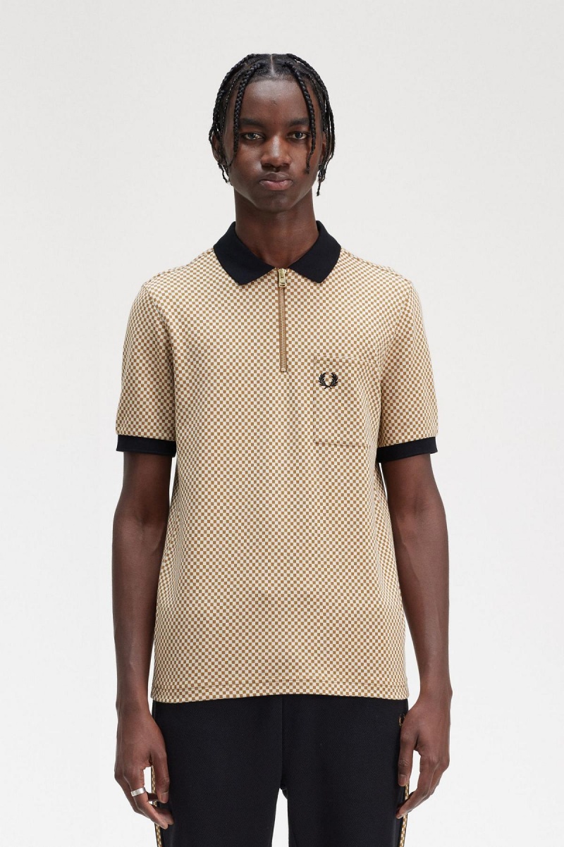 Oatmeal / Dark Caramel Fred Perry Micro Chequerboard Polo Shirt Men\'s Polo Shirts | MCAFT50148