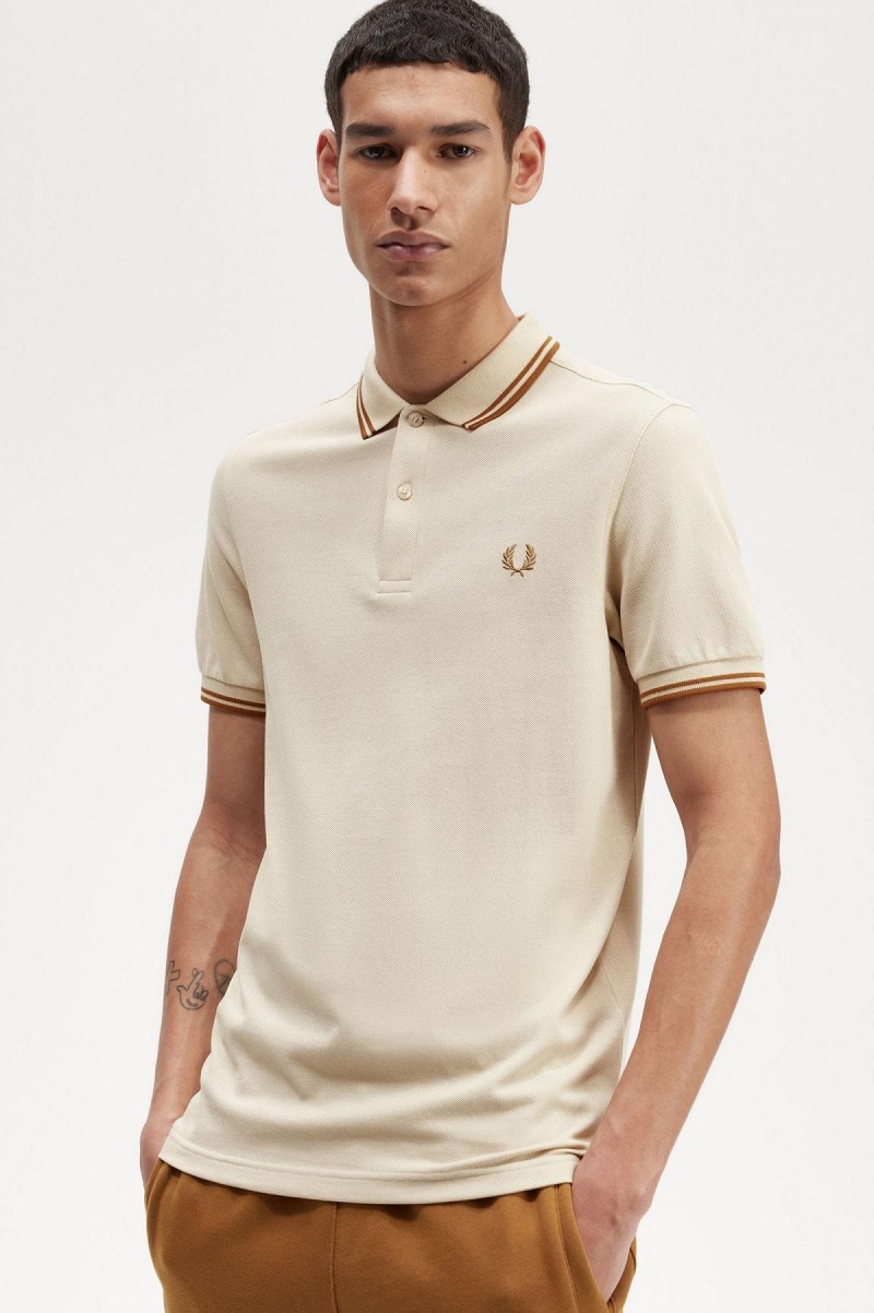 Oatmeal / Dark Caramel / Dark Caramel Fred Perry M3600 Men's Polo Shirts | CAQCS66585