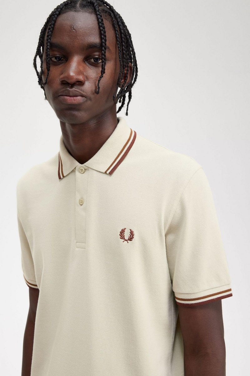 Oatmeal / Dark Caramel / Whisky Brown Fred Perry M12 Men's Polo Shirts | YCAGT51017