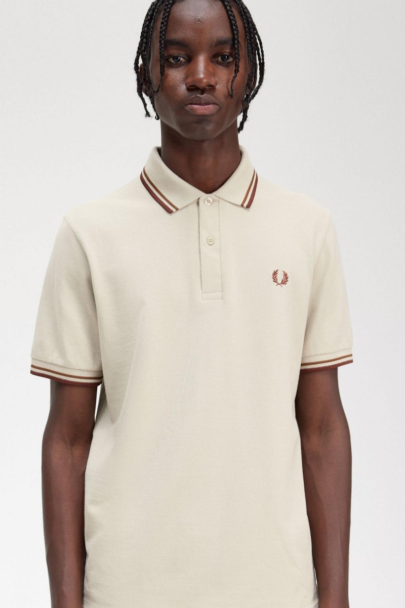 Oatmeal / Dark Caramel / Whisky Brown Fred Perry M12 Men's Polo Shirts | YCAGT51017