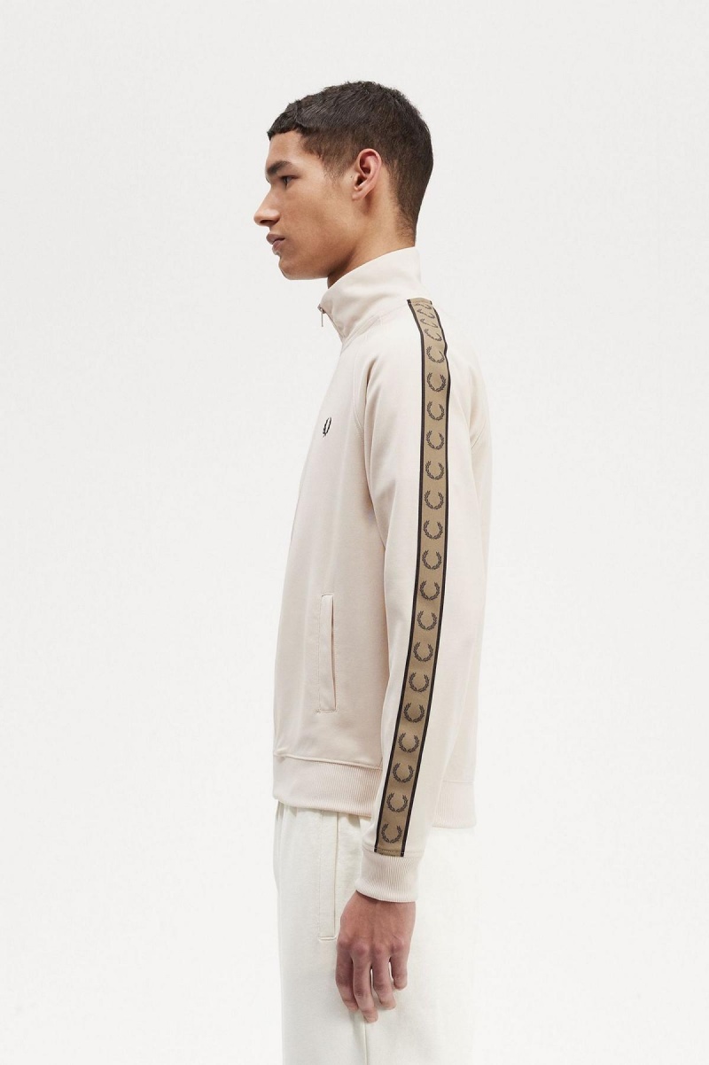 Oatmeal / Shaded Stone Fred Perry Contrast Tape Men's Track Jackets | LCATR30146