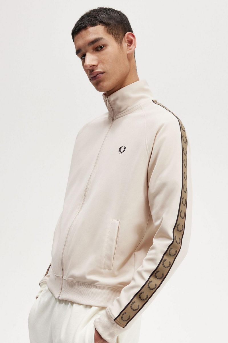 Oatmeal / Shaded Stone Fred Perry Contrast Tape Men's Track Jackets | LCATR30146