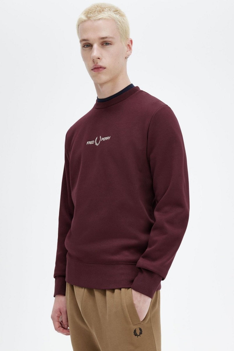 Oxblood Fred Perry Embroidered Men's Sweatshirts | CADFL10342