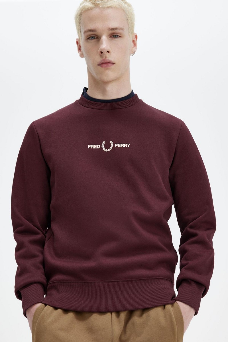 Oxblood Fred Perry Embroidered Men's Sweatshirts | CADFL10342