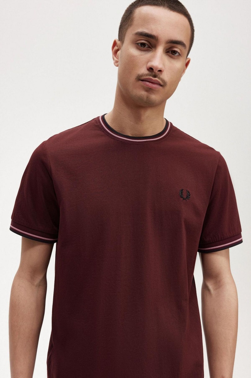 Oxblood Fred Perry Twin Tipped Men's T Shirts | DCAKV17504