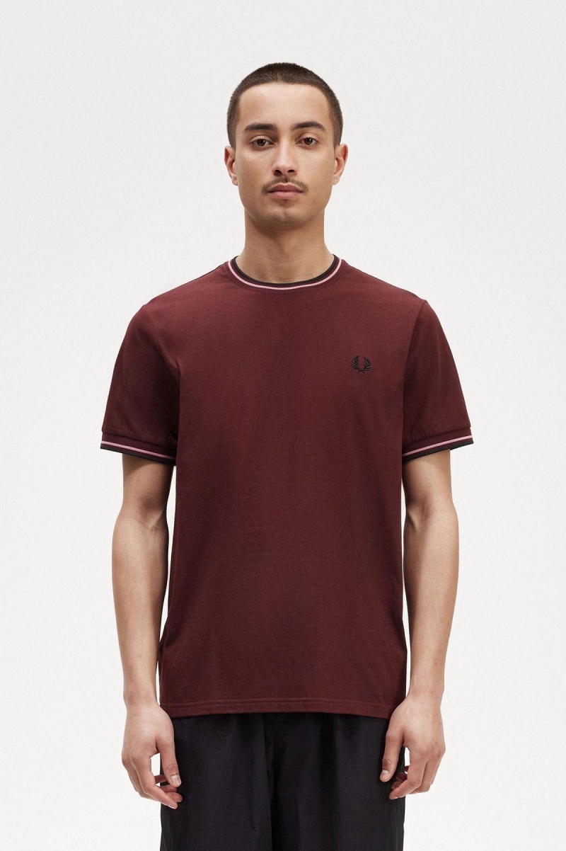 Oxblood Fred Perry Twin Tipped Men\'s T Shirts | DCAKV17504