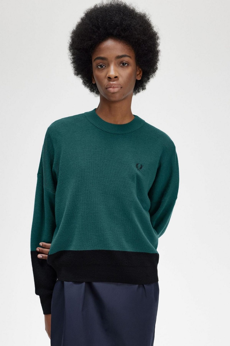 Petrol Blue Fred Perry Colour Block Jumper Women's Knitwear | MCAFT52879