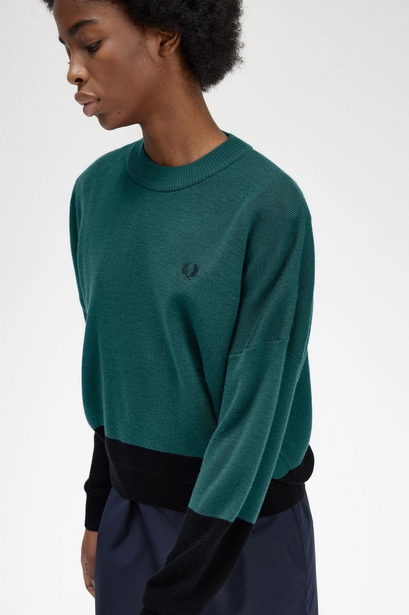 Petrol Blue Fred Perry Colour Block Jumper Women's Knitwear | MCAFT52879