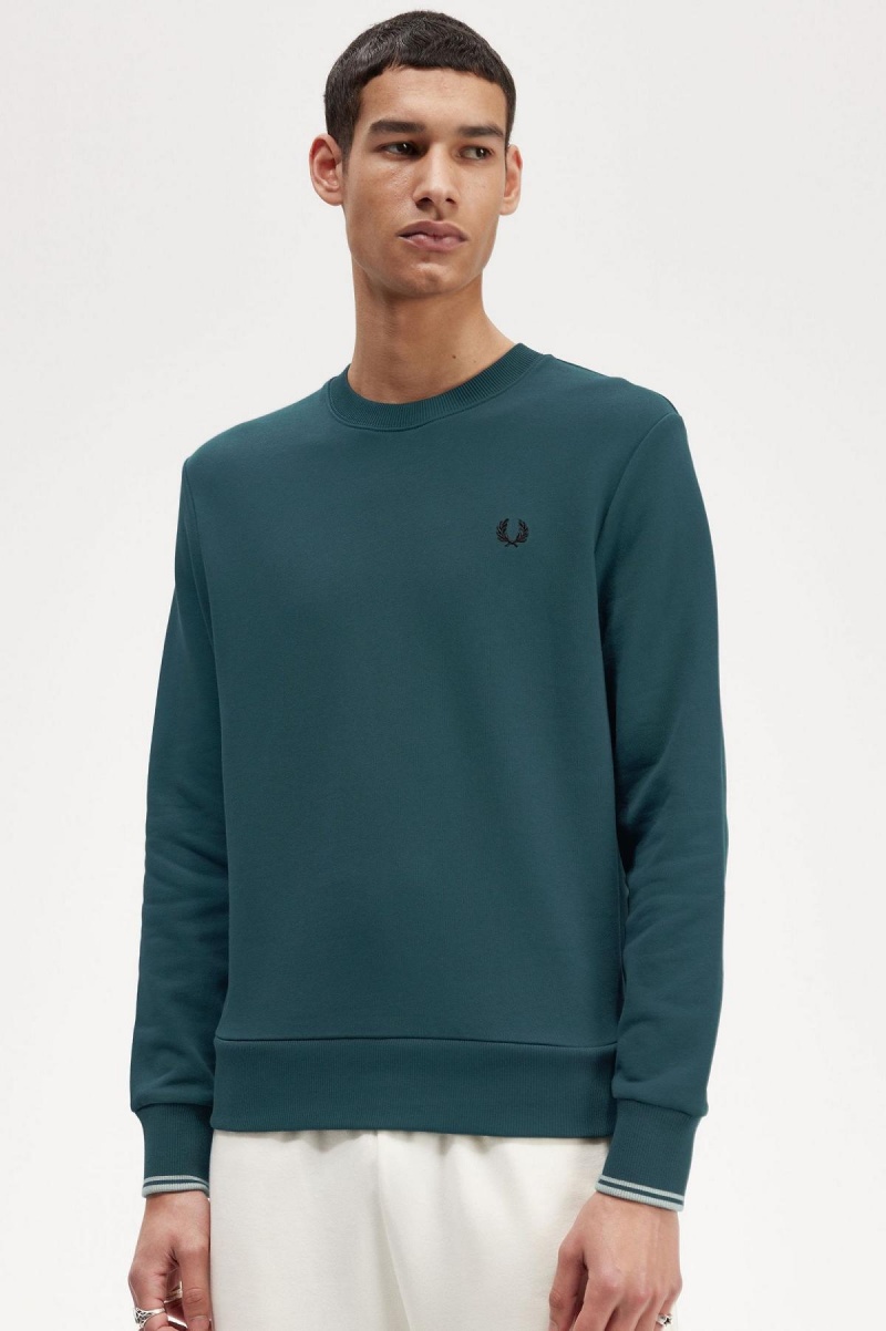 Petrol Blue Fred Perry Crew Neck Men's Sweatshirts | ECAVG99683