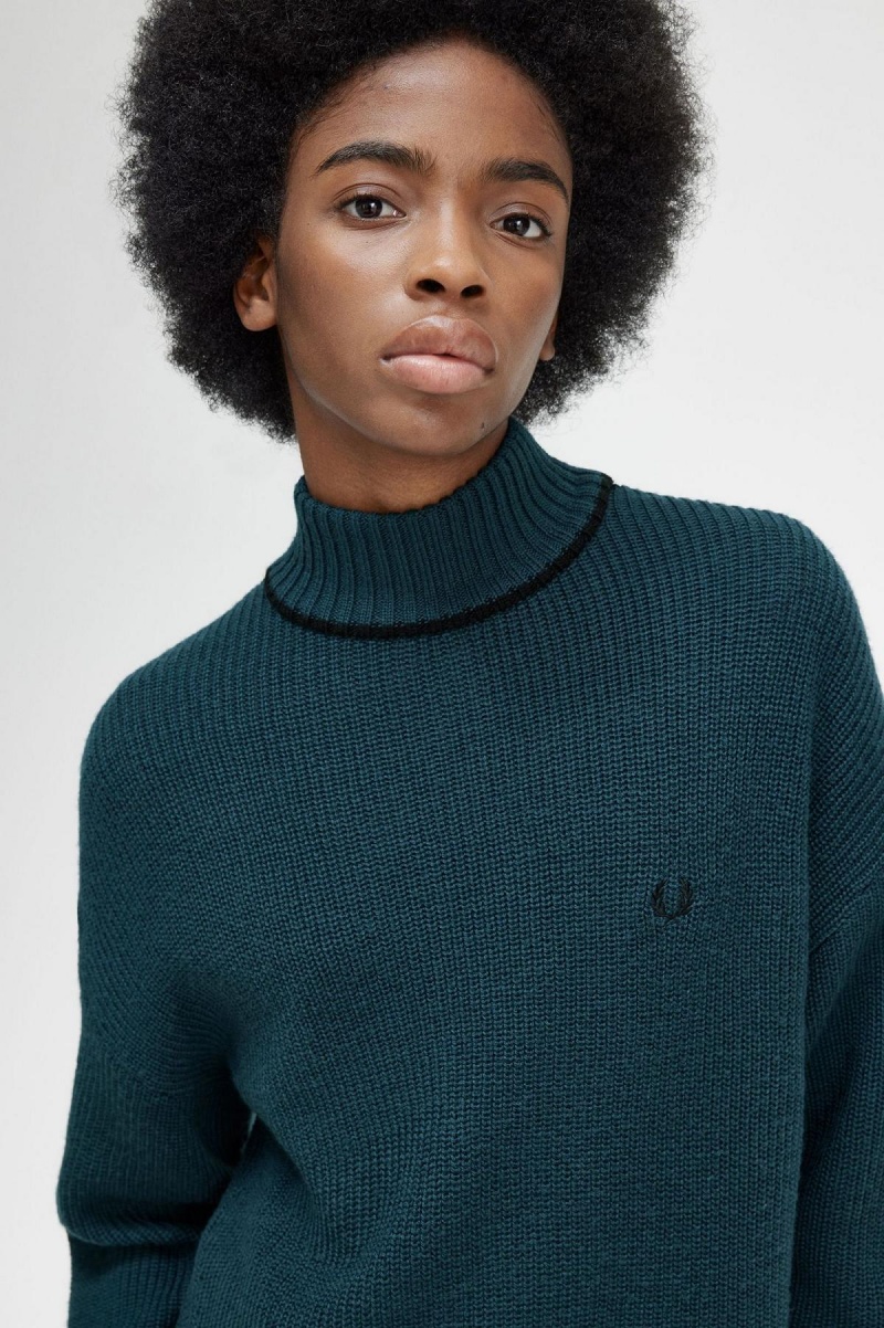 Petrol Blue Fred Perry Fishtail Hem Mock Neck Jumper Women's Knitwear | ACAWC92332