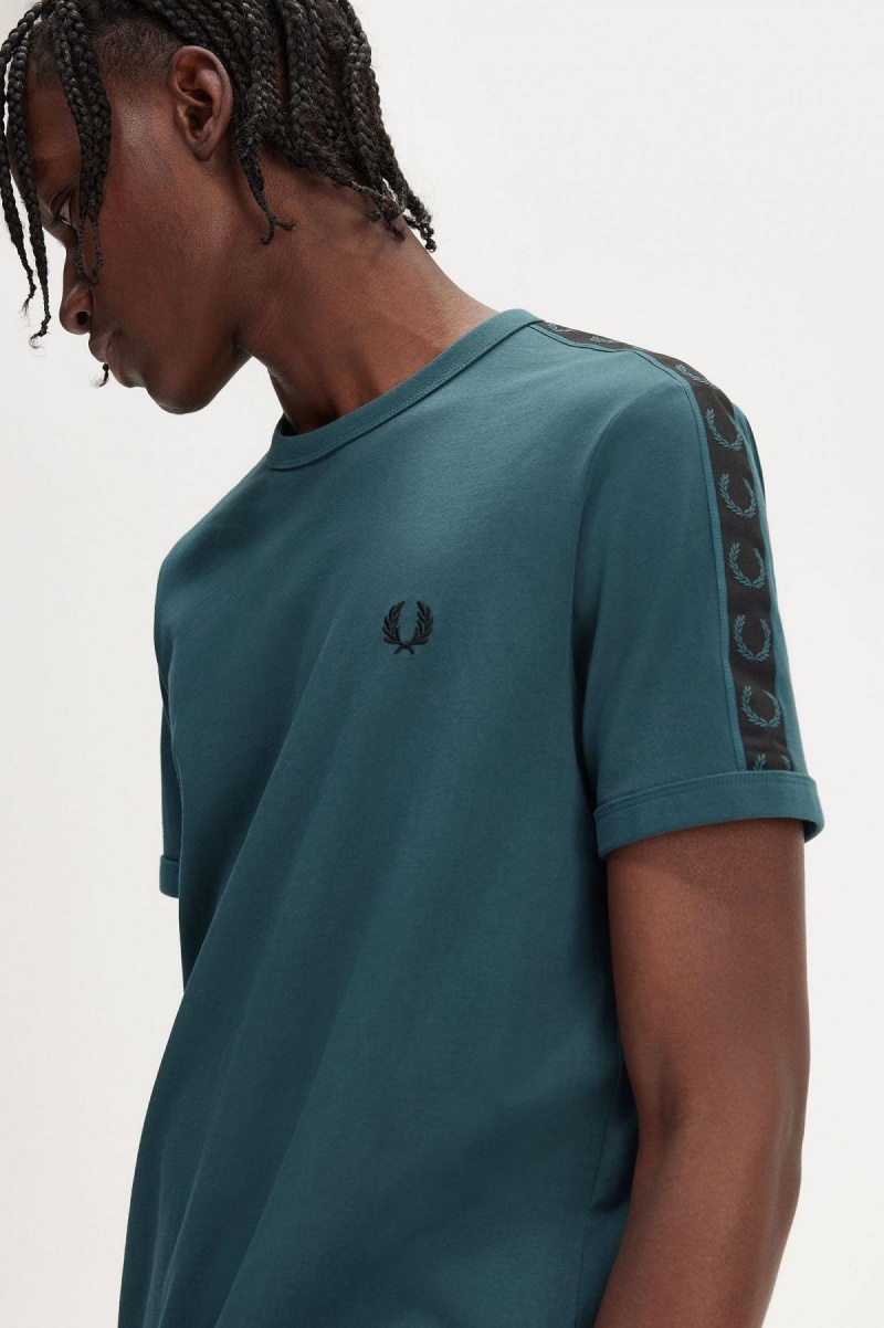 Petrol Blue / Black Fred Perry Contrast Tape Ringer Men's T Shirts | TCAWZ67047