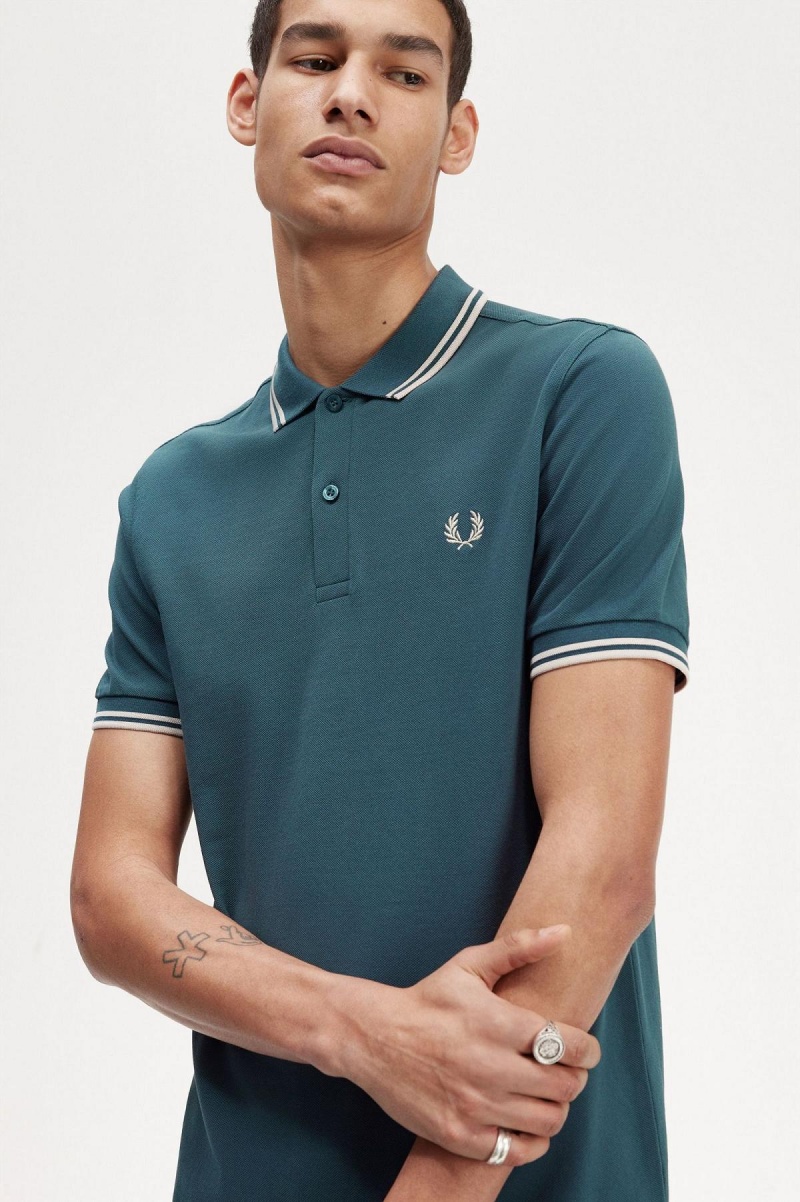 Petrol Blue / Light Oyster / Light Oyster Fred Perry M3600 Men's Polo Shirts | GCAEC68845