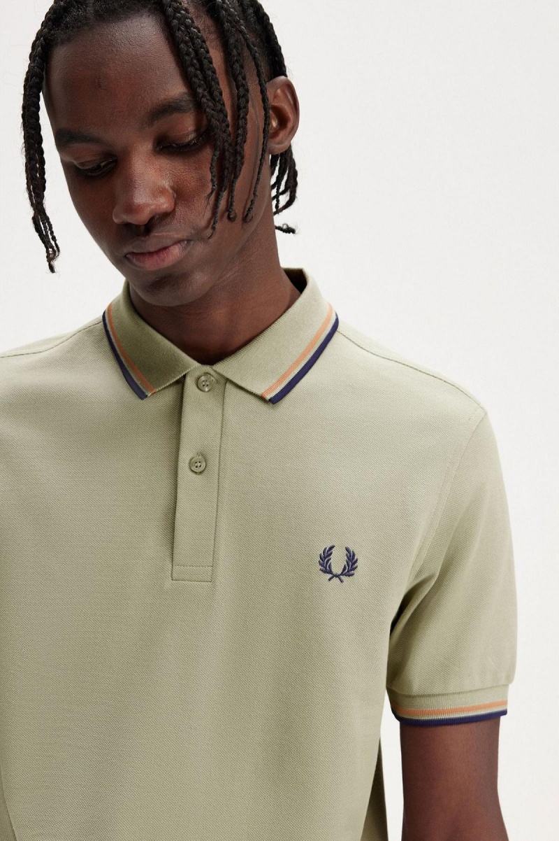 Seagrass / Light Rust / French Navy Fred Perry M3600 Men's Polo Shirts | DCAKV44039