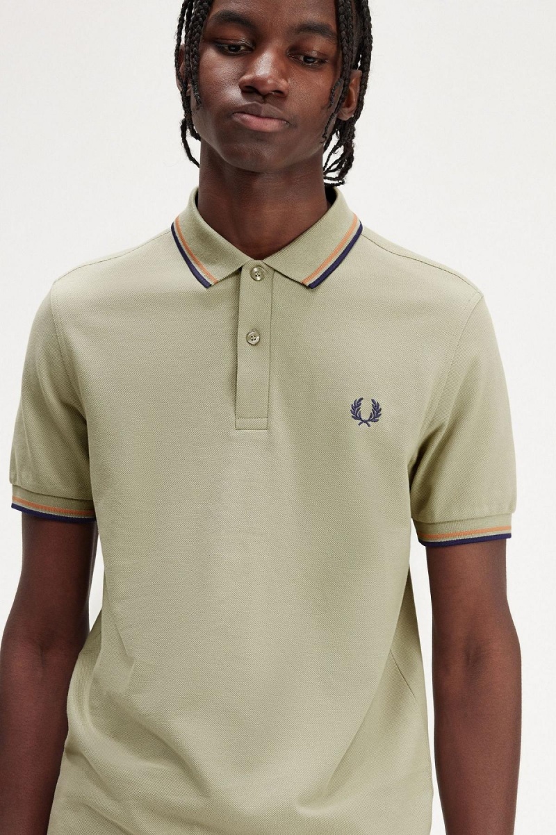 Seagrass / Light Rust / French Navy Fred Perry M3600 Men's Polo Shirts | DCAKV44039