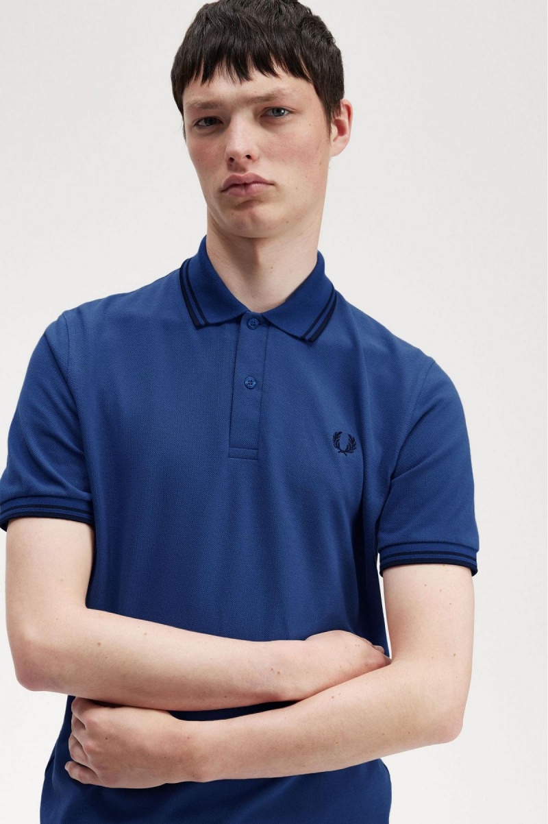 Shaded Cobalt / Navy / Navy Fred Perry M12 Men's Polo Shirts | DCAVO44860