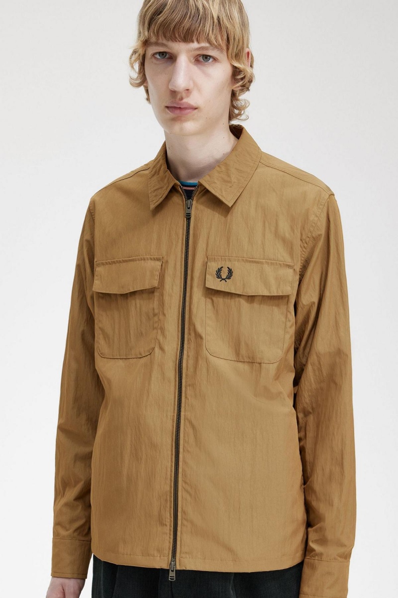 Shaded Stone Fred Perry Lightweight Zip-Through Men's Shirts | CANEJ70202