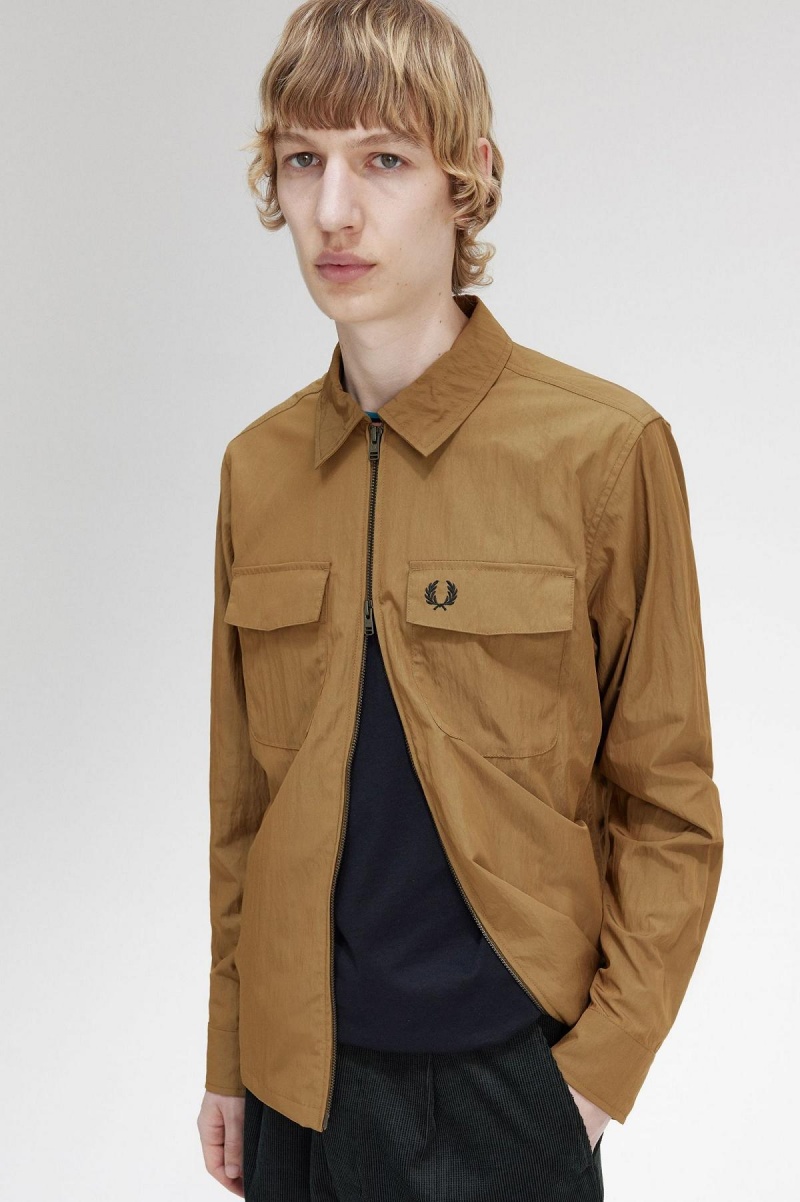 Shaded Stone Fred Perry Lightweight Zip-Through Men's Shirts | CANEJ70202